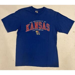 VINTAGE Soffe Kansas Jayhawks Big Logo Shirt L Blue Sports Tee Crew Mens‎